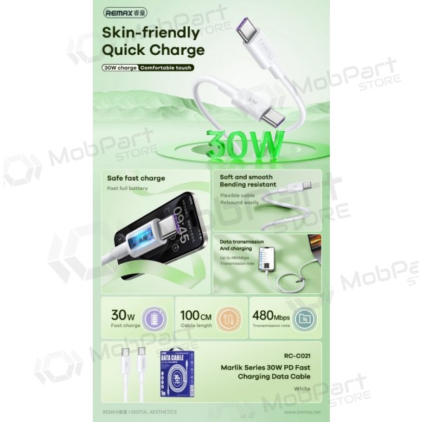 USB kabel Remax RC-C021 USB-C to USB-C 30W 2.0m wit