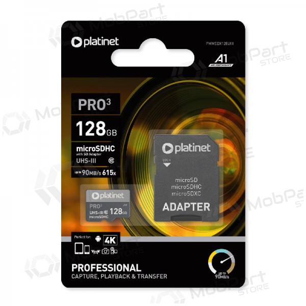 Platinet MicroSD 128GB Geheugenkaart (Class10 UHS-III 90MB/S) + SD-adapter