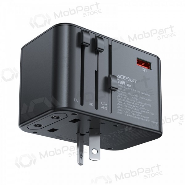 Universeel kelioninis lader Acefast Z1 75W GaN 2xUSB-A/3xUSB-C zwart