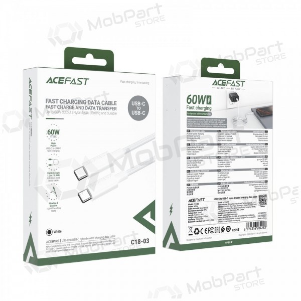 USB kabel Acefast C18-03 60W USB-C to USB-C 1.2m wit