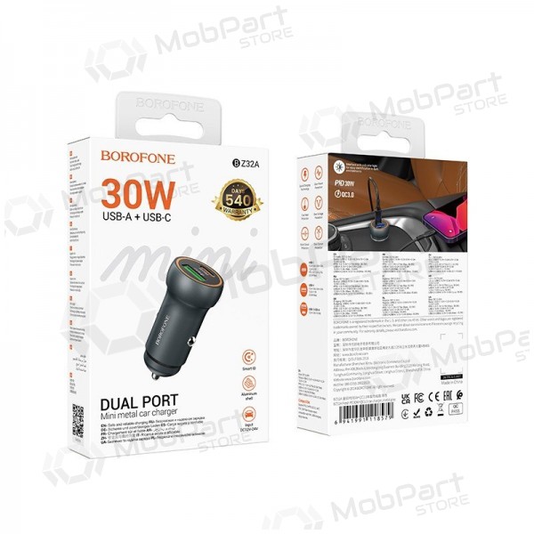 Autolader Borofone BZ32A USB-C/USB-A 30W grijs