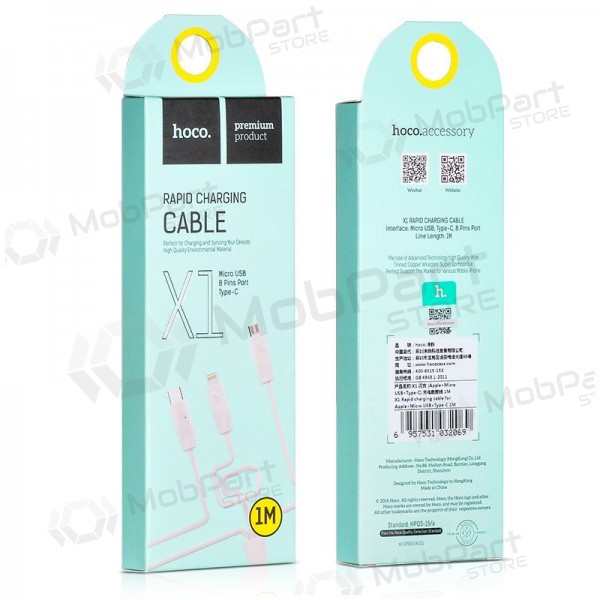 USB-kabel HOCO X1 Rapid - lightning+micro+type-C 1.0m (wit)