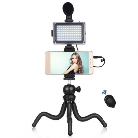 Bloggerskit met flexibele standaard, LED-verlichting, telefoonhouder en microfoon