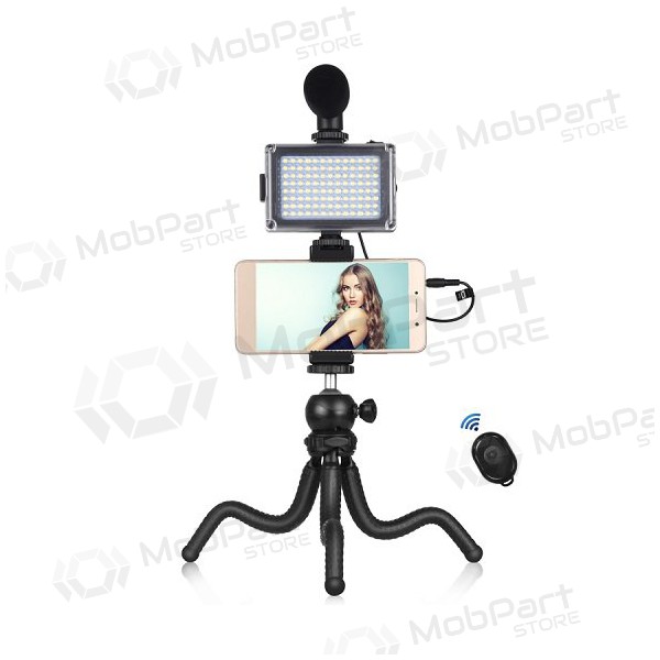 Bloggerskit met flexibele standaard, LED-verlichting, telefoonhouder en microfoon